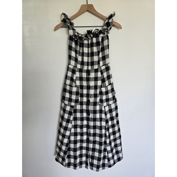 Reformation 100% Linen Black & White Gingham Midi Dress Sz 4 Off-Shoulder - Picture 1 of 3
